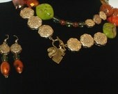 Orange and Green Beads-Vintage Inspired Gold Buttons-Costume Jewelry Set-Convertible Necklace-Earrings-"AVALON"