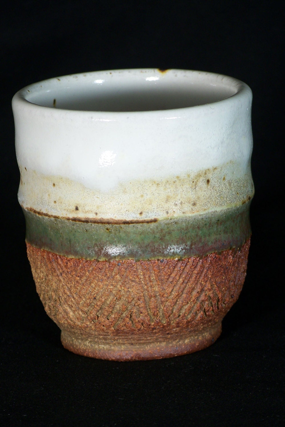 Green, Yellow, and White Striped Yunomi Cup with a Herringbone Pattern