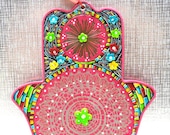 Housewares and decor judaica MANDALA HAMSA   polymer clay  pink/multi colored home decor OOAK Judaica by Artefyk