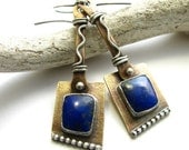 Lapis Lazuli Earrings - Bronze And Sterling Silver Modern Tribal Inspired Artisan Metalsmith Mixed Metal Jewelry