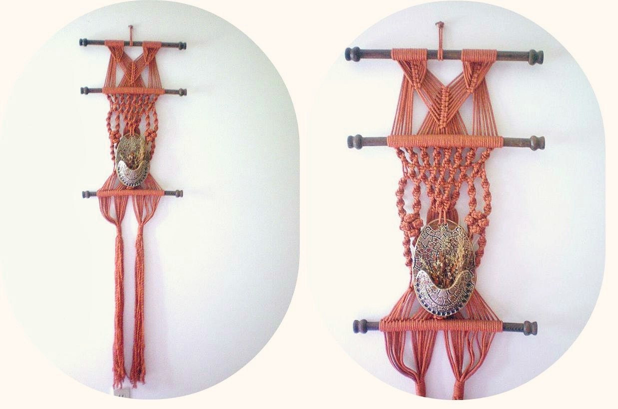 Vintage Rust Color Macrame Wall Hanger Art