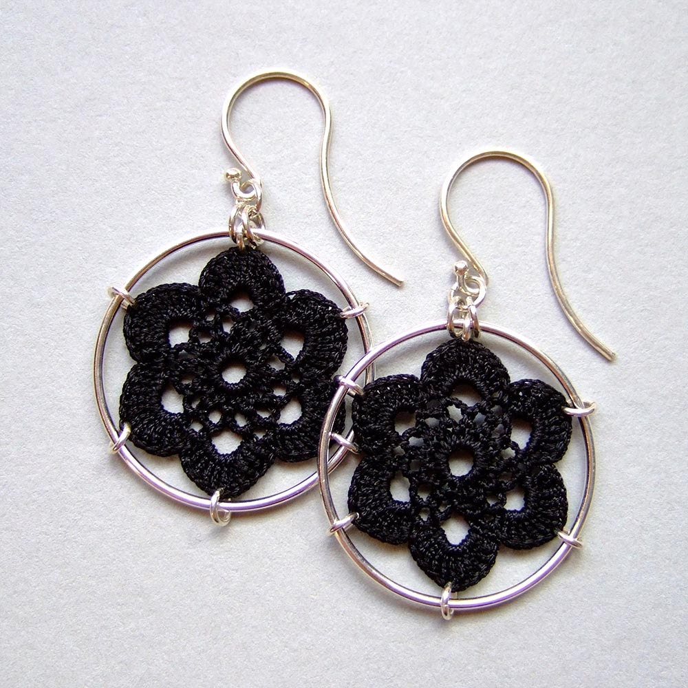 Lacy Shell Doily Earrings, black silk thread