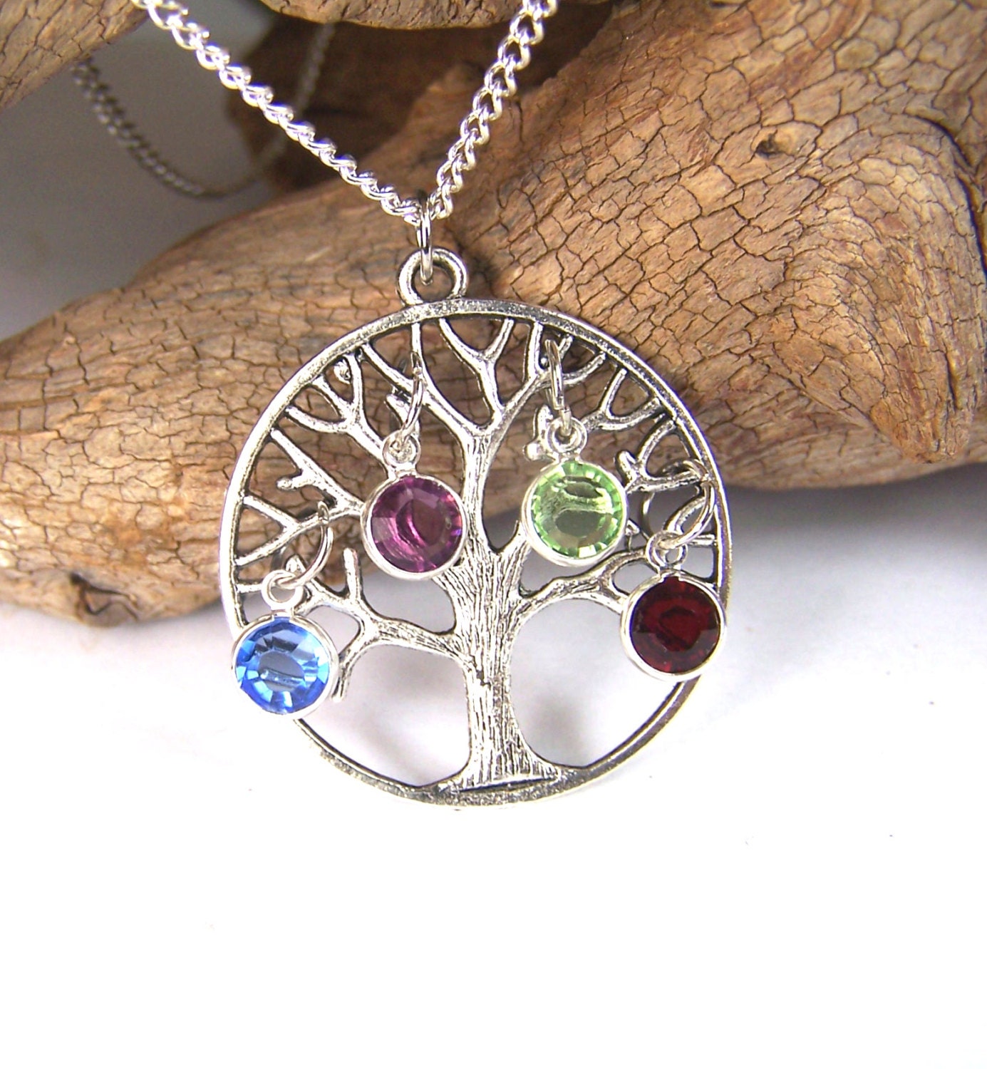 Personalized Family Tree necklace pendant with birthstones - Swarovski Crystals - Grandmother  Grandma Mom Mother in law Antiqued Silver