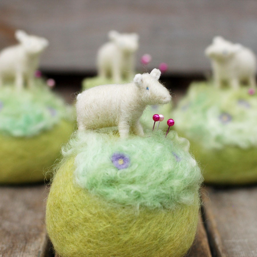Mini Sheep on a Meadow - Needle Felted Pincushion with Lavender Flowers