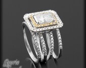Forever Brilliant Radiant Cut Moissanite Engagement Ring with Yellow Sapphire and Diamond Double Halo and Two Diamond Wedding Bands - LS2837