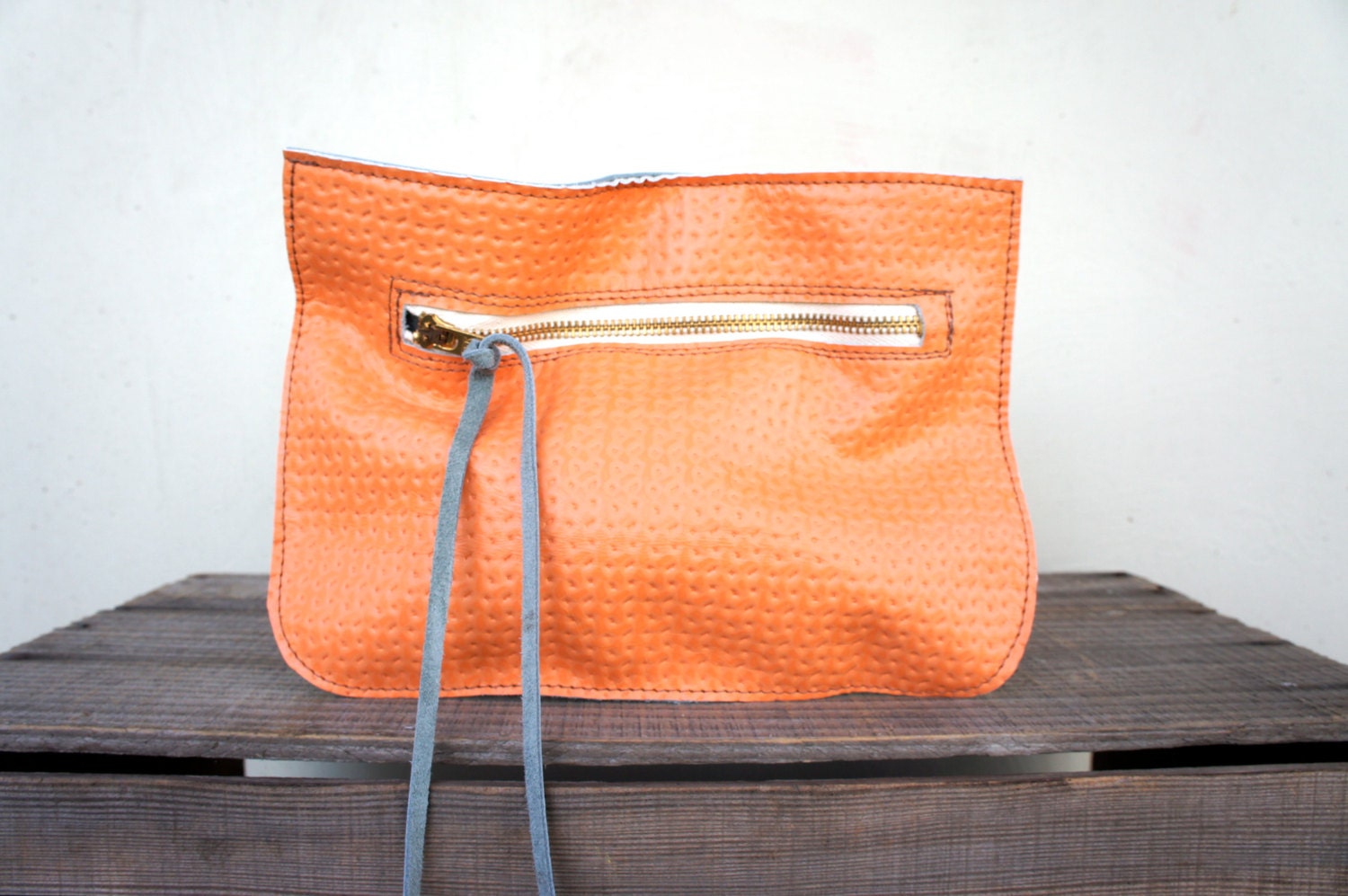 SAMPLE// Pouch/Clutch in Embossed Tangerine and French Blue Leather