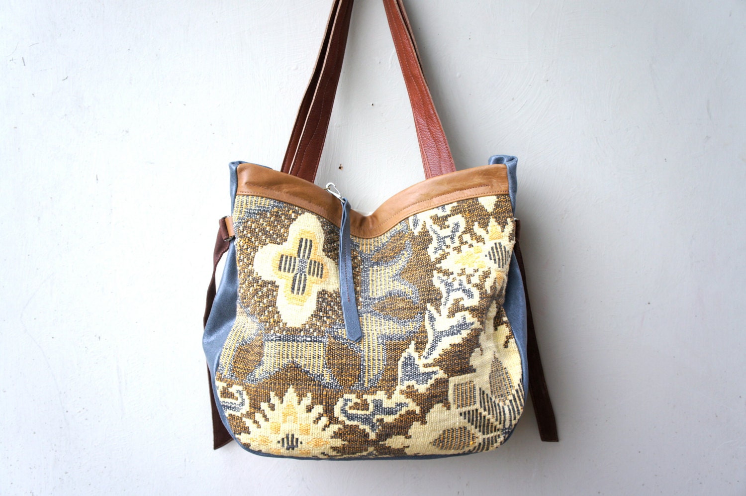 JOSEPHINE///In Floral Vintage Coverlet  with Brown, Cream, and Grey Blue Leather