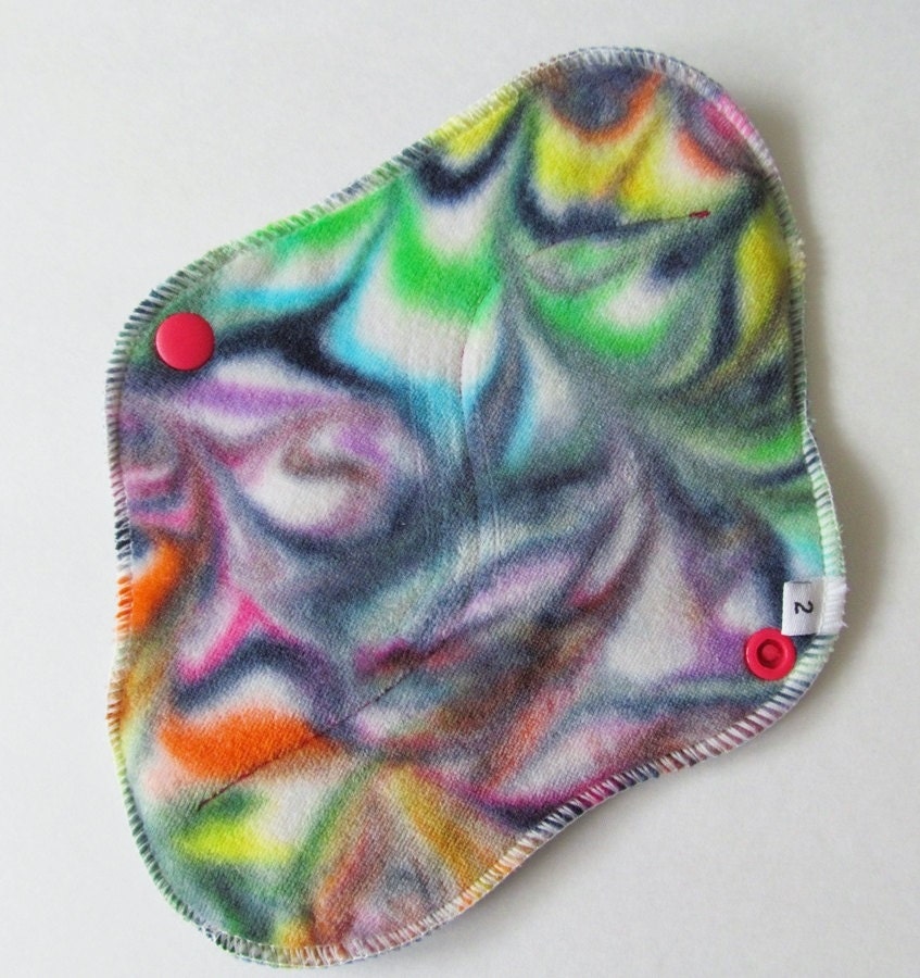 Multi Color Swirl Dyed Organic Bamboo Velour Mama Cloth Pad .. Maxi With Wings ... Luxury Soft  8 inch