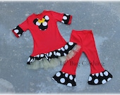 Custom Boutique Red Comfy Knit Short Sleeved Black White Jumbo Dot Minnie Mouse Tulle Tee And Pant 3m 6m 9m 12m 18m 2T 3T 4T 5T 6 7 girl