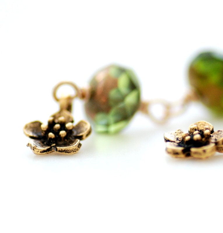 Flower Earrings, Green Earrings, Gold Earrings, Dangle, Earrings, Brass Earrings, Summer Earrings. Botanical, 14k Goldfill Wire - WildWomanJewelry Flower Earrings, Green Earrings, Gold Earrings, Dangle, Earrings, Brass Earrings, Summer Earrings. Botanical, 14k Goldfill Wire - WildWomanJewelry