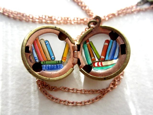 Library Books Locket - Tiny Colorful Books Inside a Vintage Locket - Gift for Reader and Book Lover