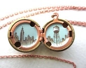 Brooklyn Locket - Hand-painted Pendant Necklace - City Skyline in Warm Gray, Sepia, and Robin's Egg Blue