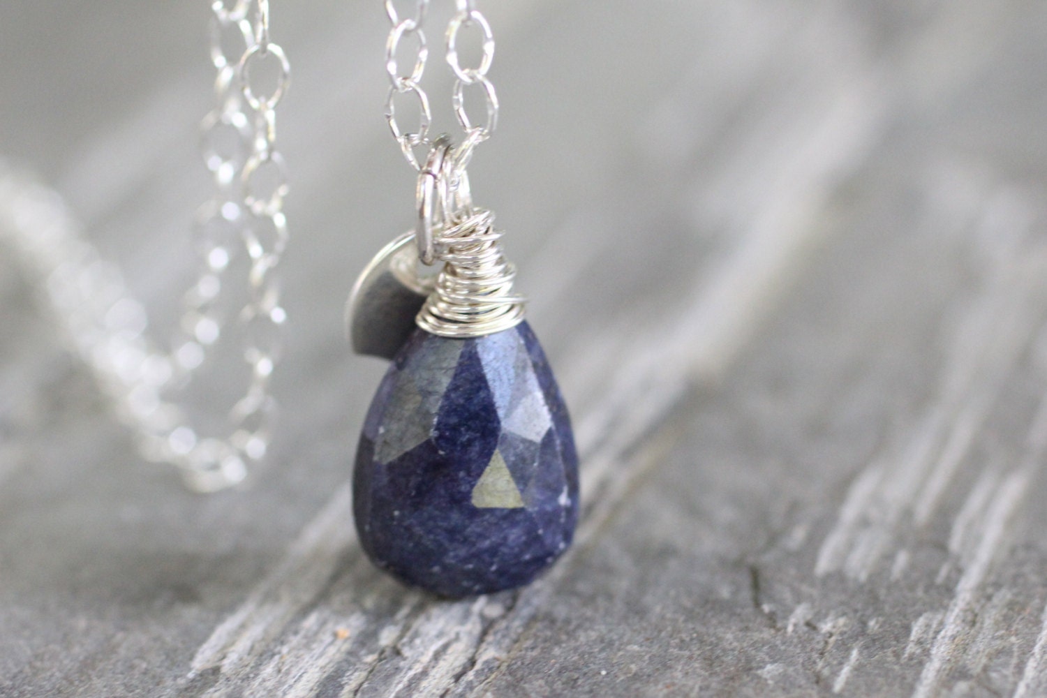 Genuine Sapphire Gemstone Pendant With Sterling Silver Heart. Faceted Blue Wire Wrapped Necklace. September Birthstone