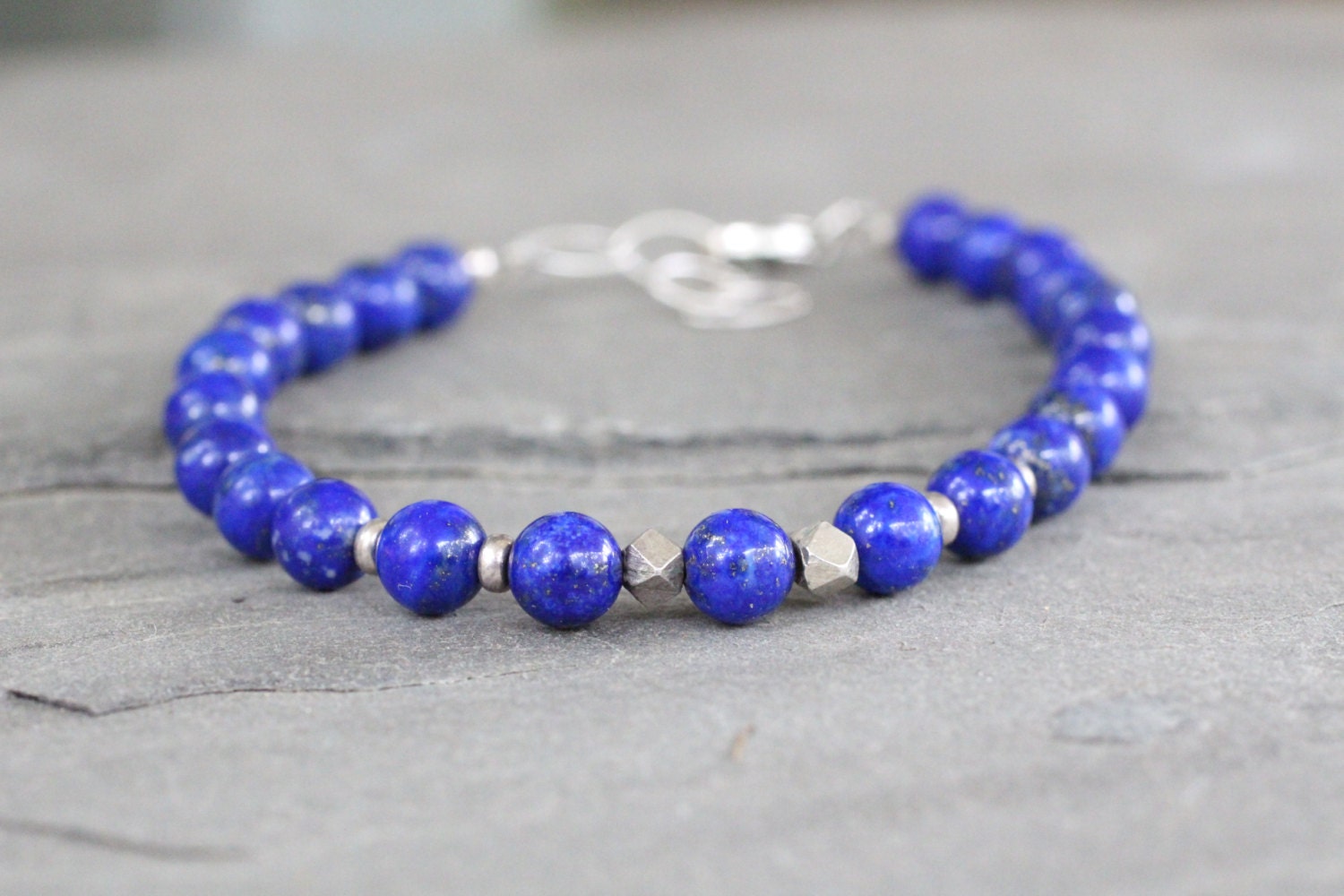 Unisex Genuine AA Lapis Lazuli and Sterling Silver Gemstone Bracelet. Hill Tribe Silver