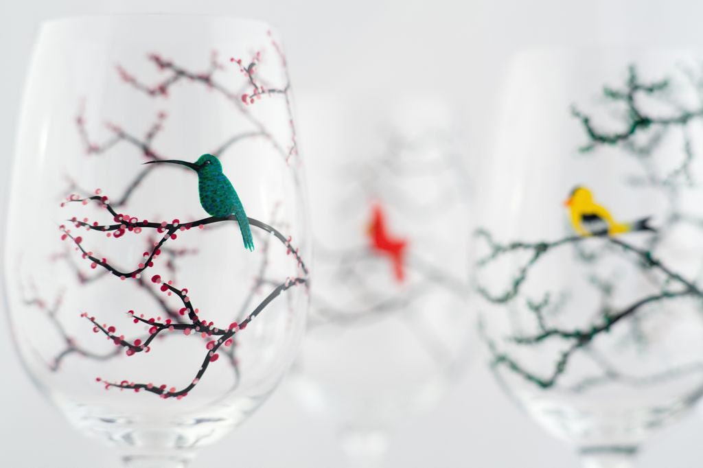 Seasonal Birds Wine Glasses - Cardinal, Bluebird, Yellow Finch and Hummingbird - 4 Piece Hand Painted Collection