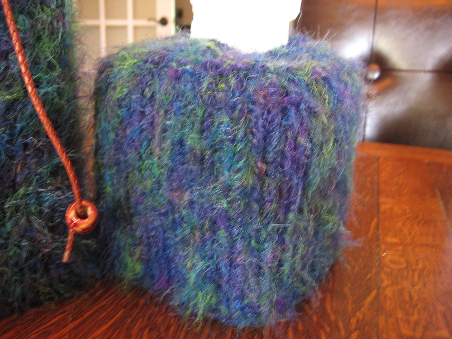 Tissue Cover Hand Knit in Variegated Blue Fur Yarn