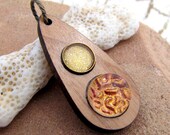Vintage Glass and Wood Tear Drop Pendant - Gold and Peach Holographic Shimmer - Antiqued Brass