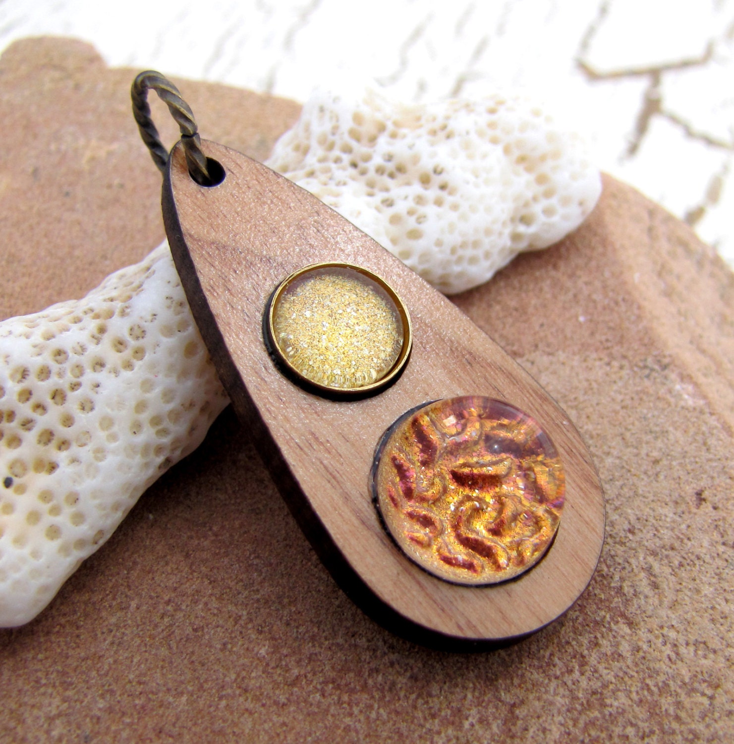 Vintage Glass and Wood Tear Drop Pendant - Gold and Peach Holographic Shimmer - Antiqued Brass