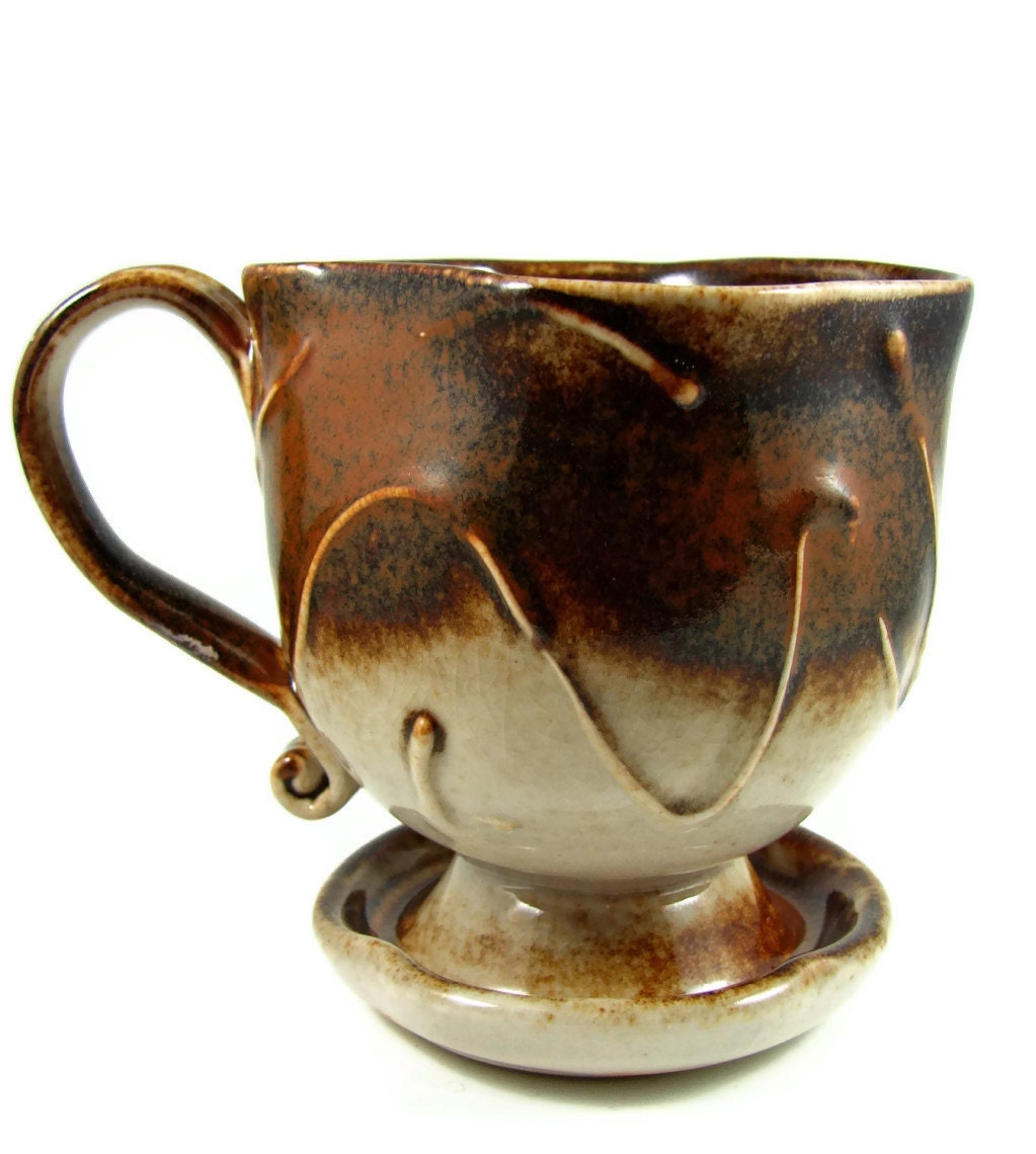 Stoneware Ceramic Mug / Cup with Pedestal Base - Rich Brown and Cream (18 oz) - Handmade Art Vessels - Art Pottery - Ready to Ship