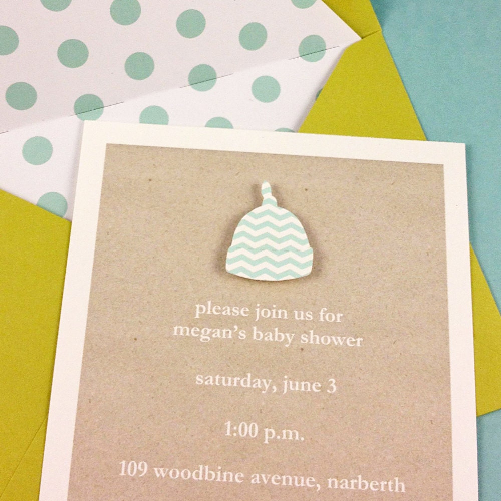 baby shower invitation pool chevron newborn cap, handmade, textured kraft stock, lined chartreuse envelopes - set of 8