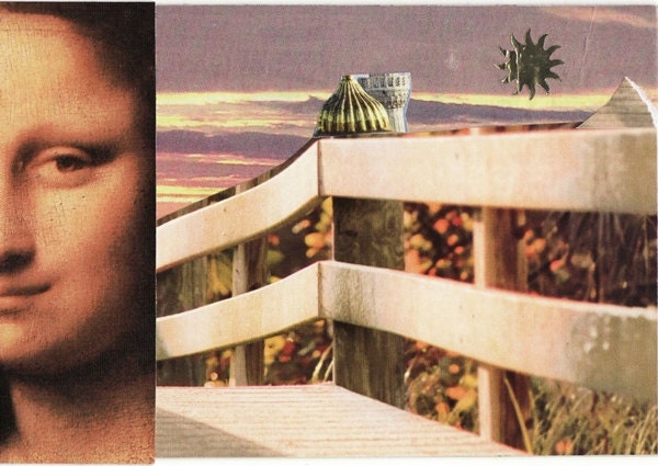 paper collage art for framing or notecard Ms. Lisa keeps an eye on the valley - original handmade OOAK recycled upcycled EBSQ