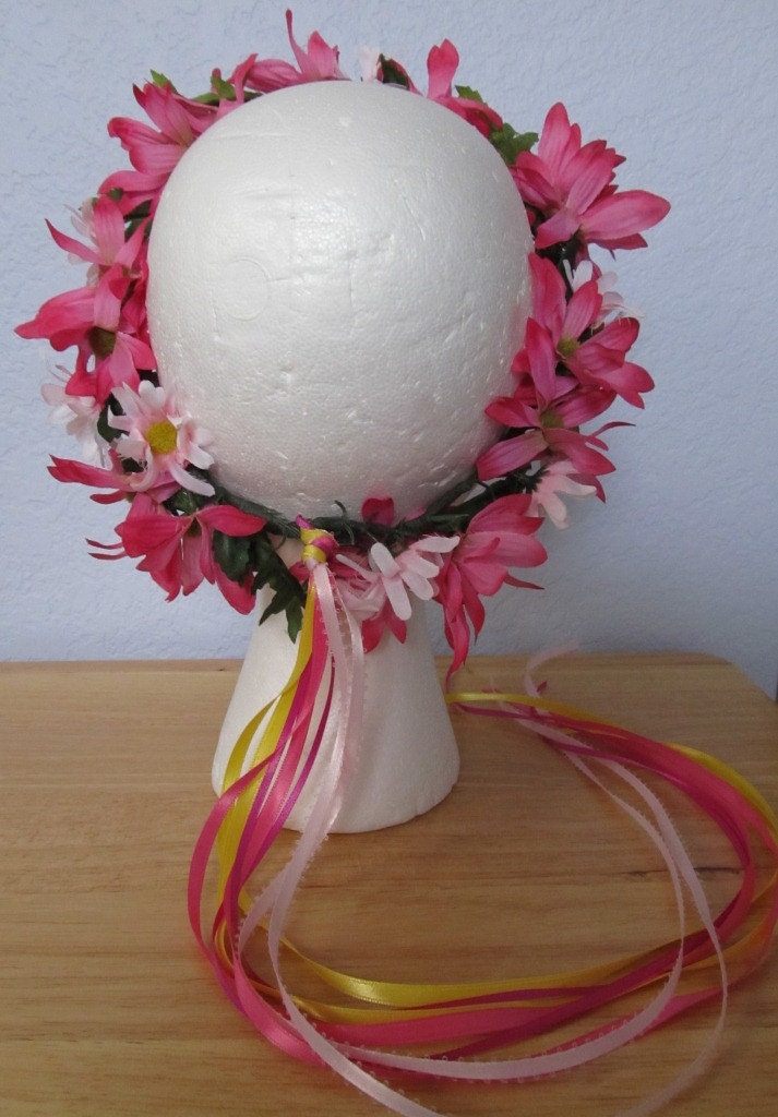 Magenta Pink Light Pink Large Daisy Flower Head Wreath Crown Circlet - 7 inch diameter