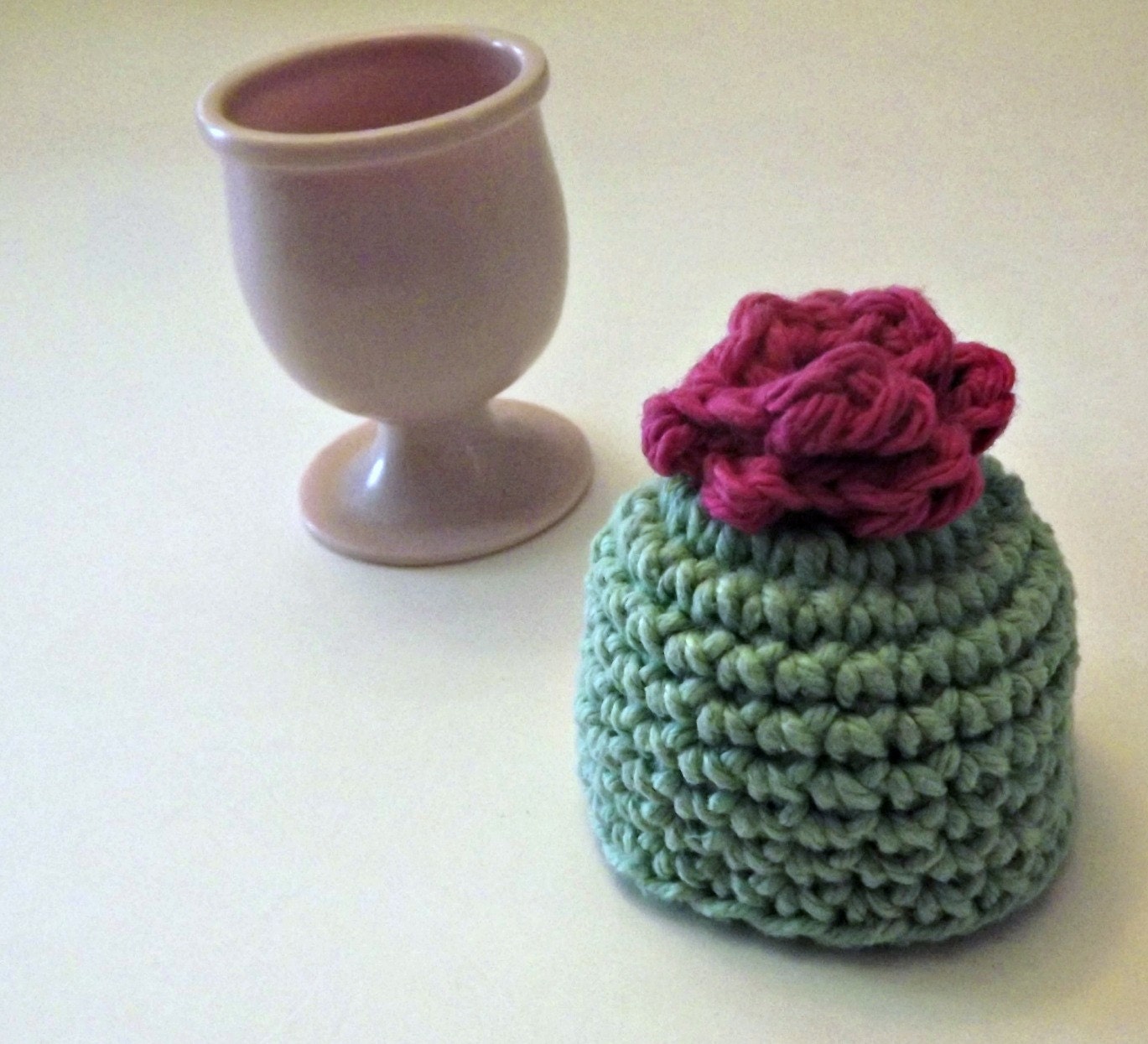 egg cozy or cosy in green cotton with pink rose
