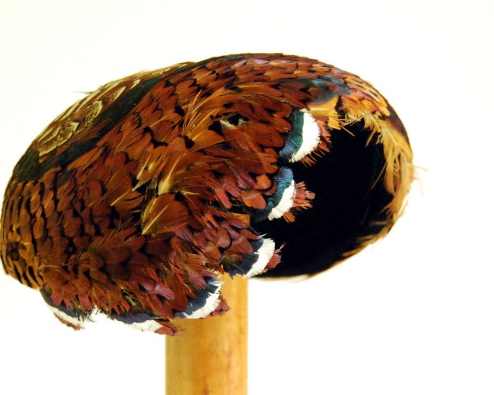 Vintage Pheasant Feather Cocktail Hat, Brown Iridescent Rust Natural Feathers