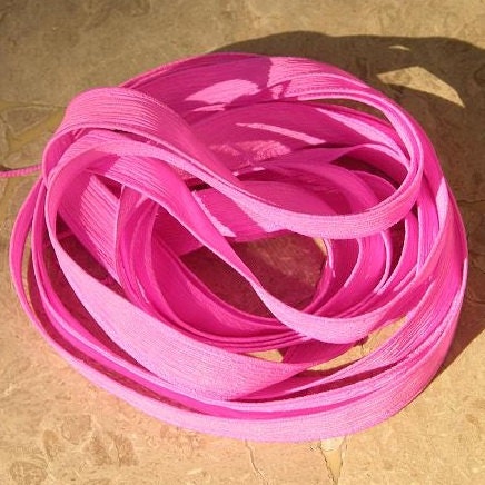 Hot Pink Hand Dyed and Sewn Silk Ribbons Strings