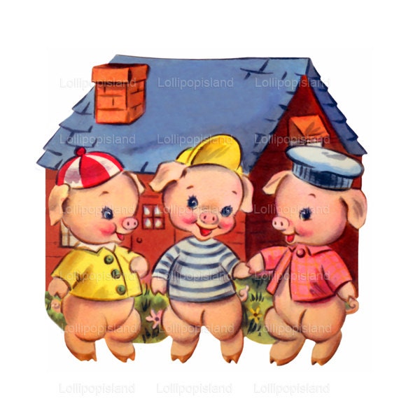 INSTANT DOWNLOAD Three Little Pigs - digital image (rhyme no.394-W) cute vintage greeting card art for DIY transfers, cards, tags jpg png