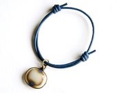 Cream Fused Glass Adjustable Bracelet with Blue Leather