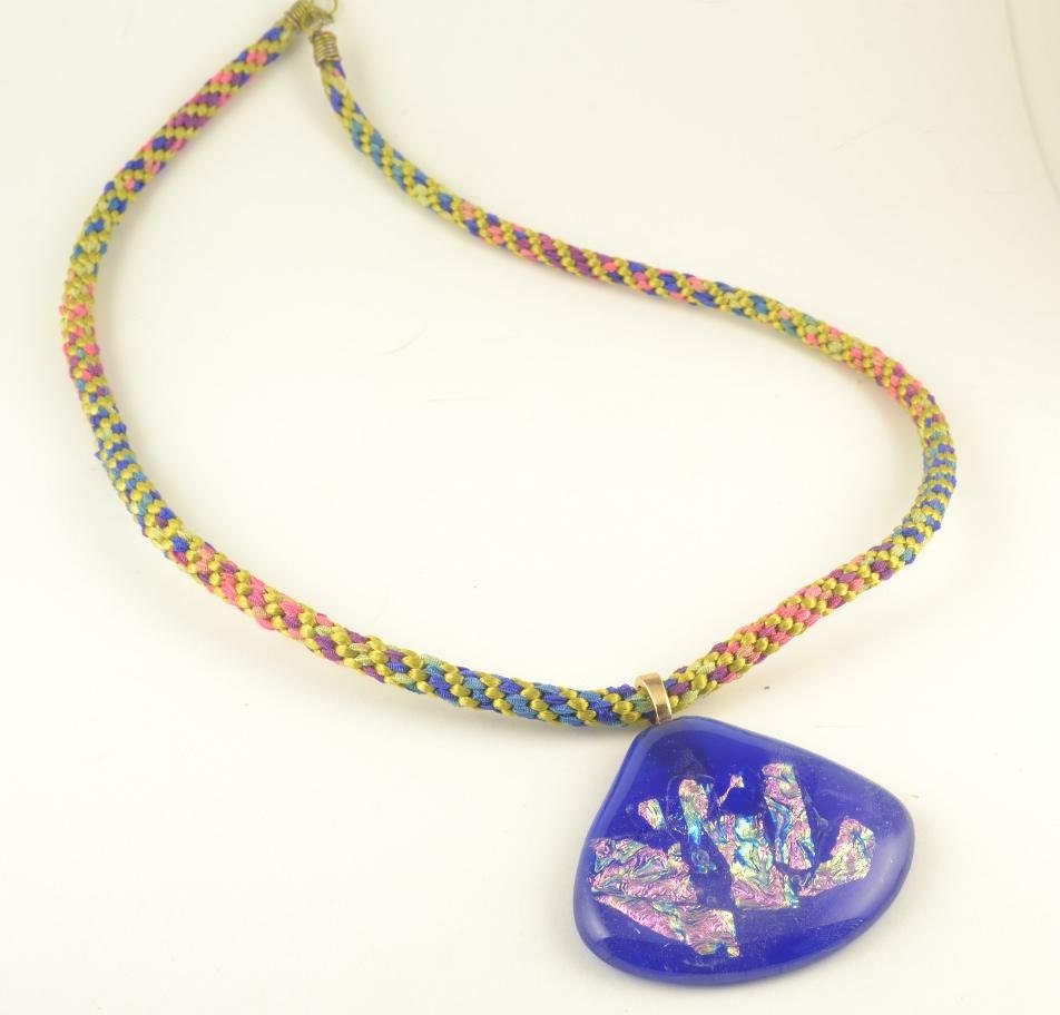 Large Dichroic Fused Glass Pendant Kumihimo NECKLACE