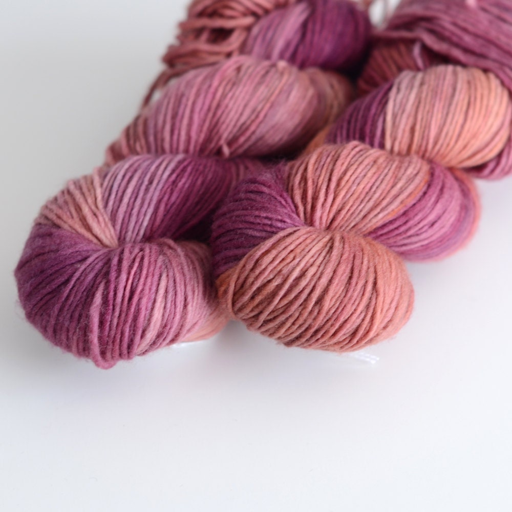 Hand Dyed Worsted Yarn - Superwash Single Ply Merino - 240 yards Worsted Weight - Lorelei in Warm Purple and Dusty Orange