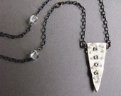 recycled leather triangle necklace / hand beaded necklace vintage rhinestones, beads and brass chain / eco friendly ooak urban boho jewelry