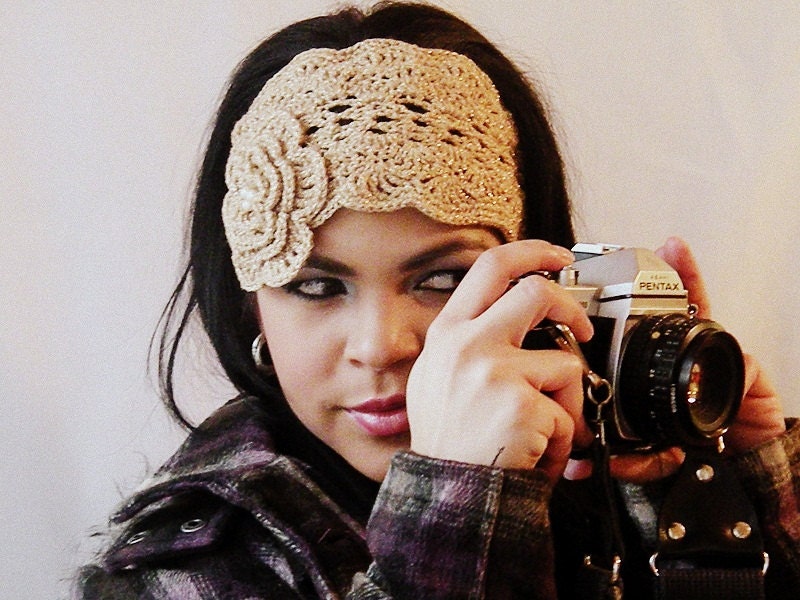 Crochet gold headband , Golden, Flower