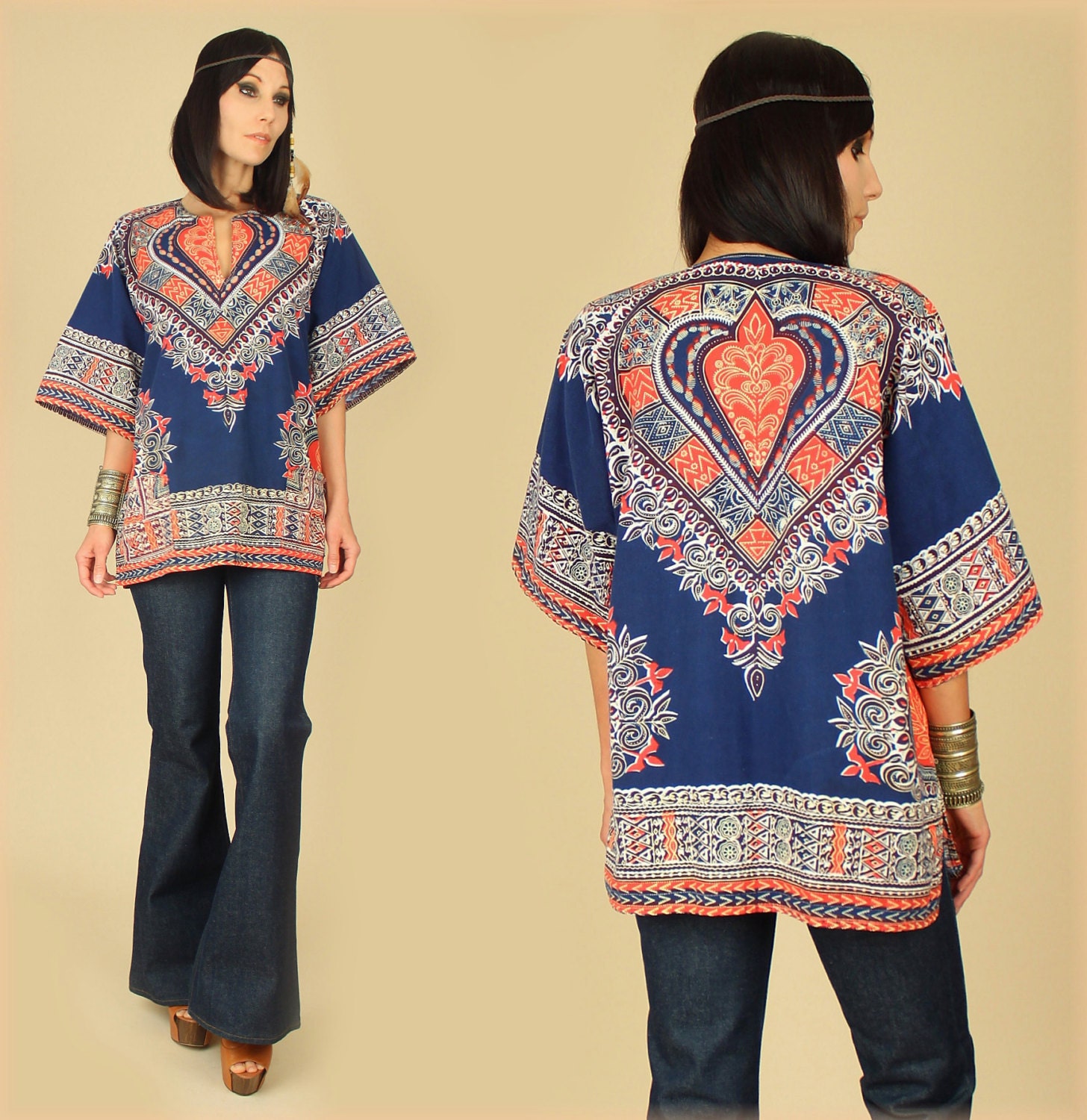 ViNtAgE 70's Hearts Ornate DASHIKI Angel Wing Cotton Tunic Hippie Gypsy o/s