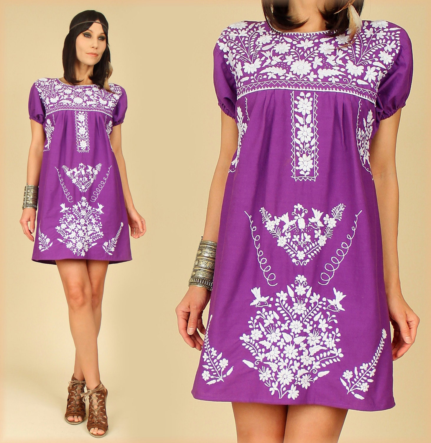 ViNtAgE 70's Artisan Handmade Purple Embroidered Floral Mexican MiNi Dress S/M