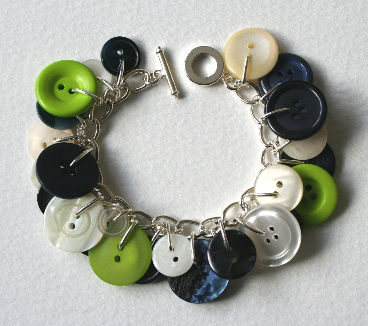 Button Bracelet Lime Green Navy Blue and Cream Pearl