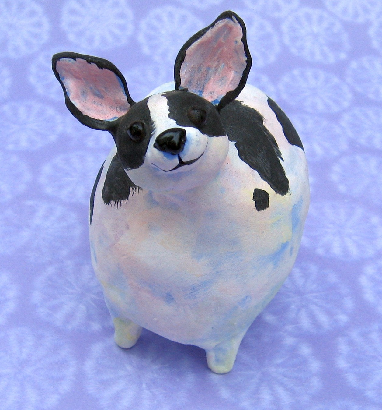 fat black and white chihuahua ceramic sculpture, chubby chihuahua black and white sculpture
