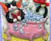 Tuxedo black and white cat in pink bathtub 4"x4" ceramic tile, Pink bathroom, Cat in bubblebath in pink bathtub