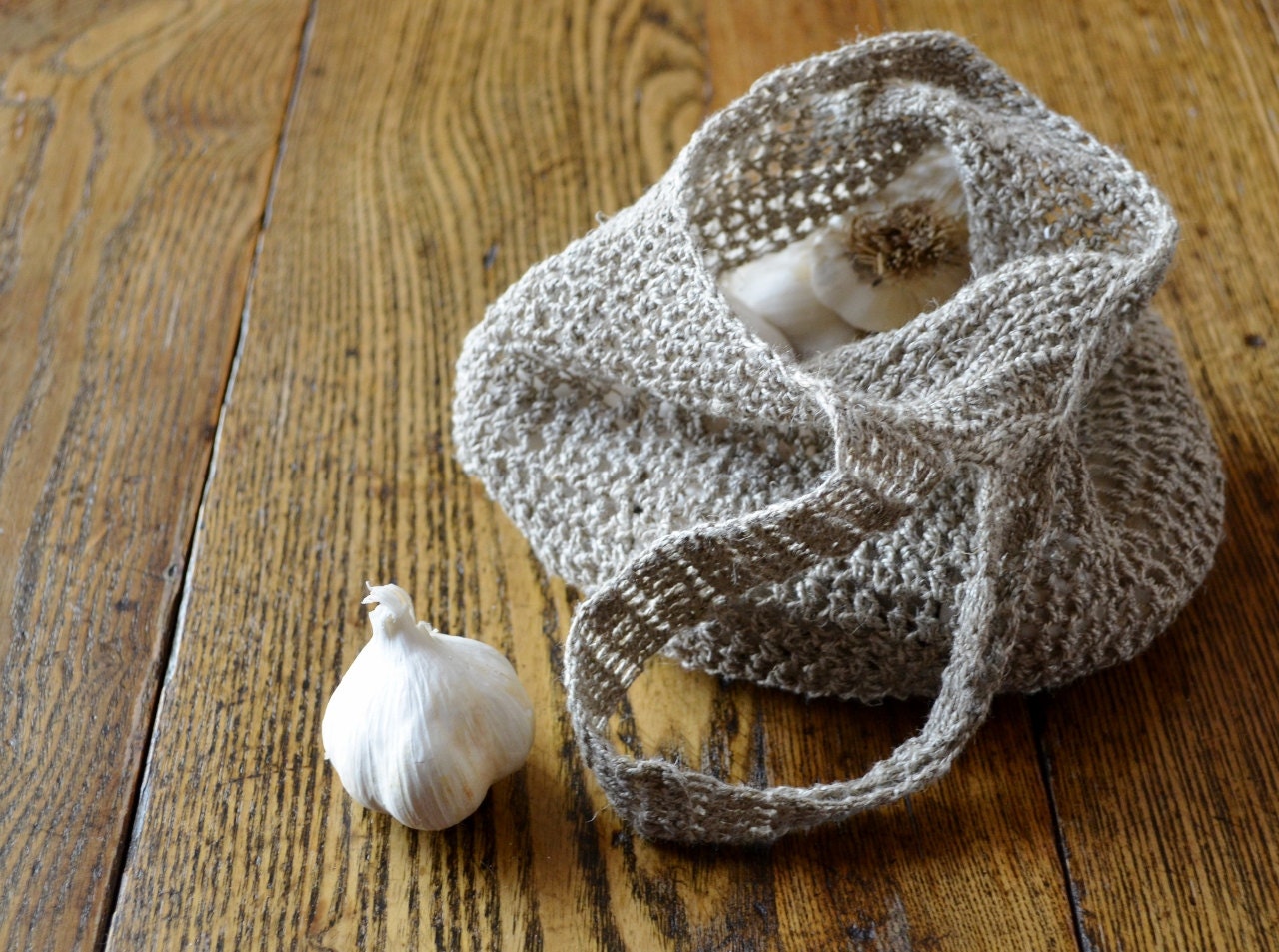 Small Linen Garlic Keeper / Produce Bag - Home & Garden, Kitchen Decor, Cottage Chic, Country Chic, Natural Taupe Linen Small Produce Tote