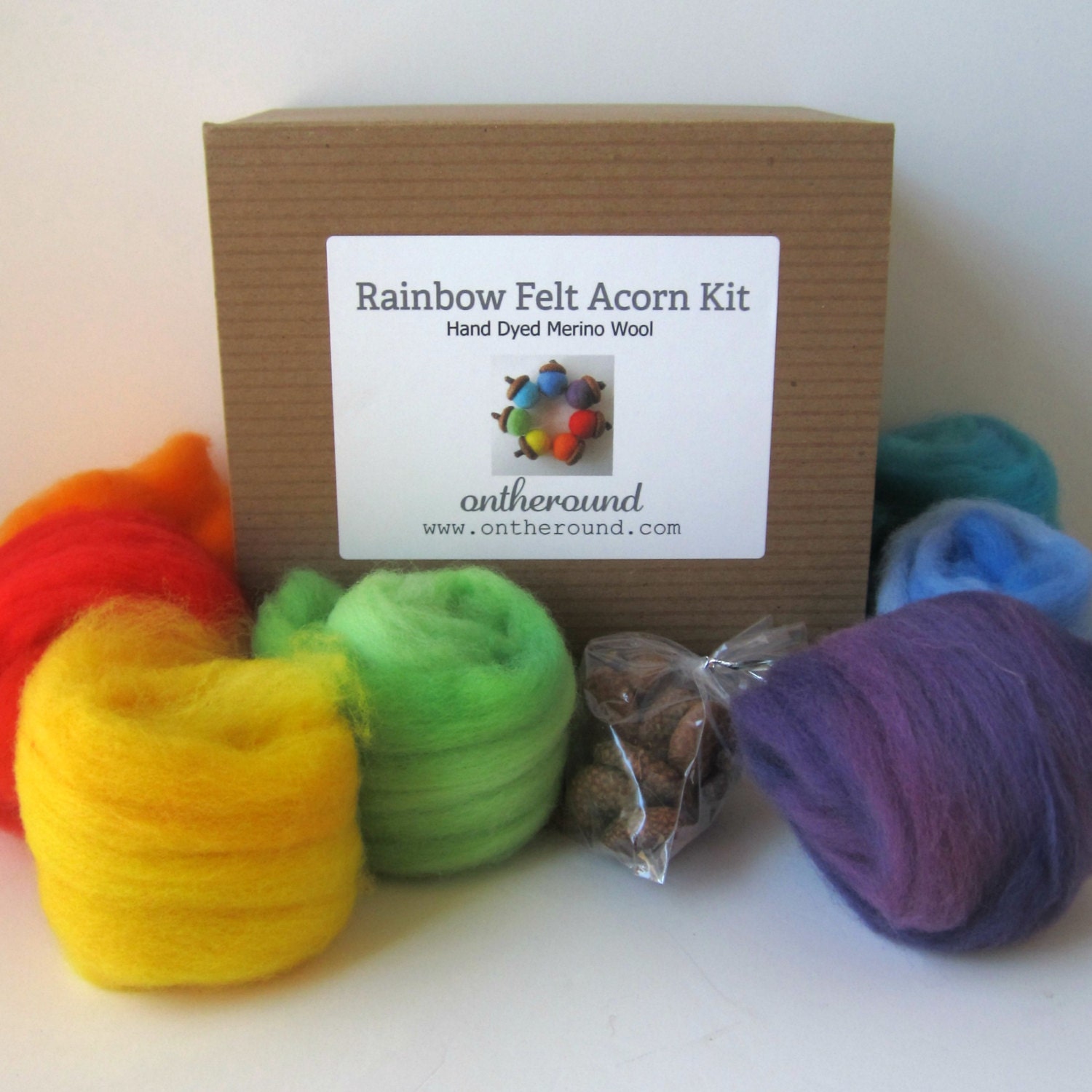 Rainbow Felt Acorn Kit, Hand Dyed Merino Wool Wet Felting Kit - FREE US SHIPPING
