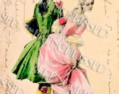 Instant Download Marquis Couple FRENCH script PARIS Souvenir postcard DIGITAL scan Green Pink Marie Antoinette style