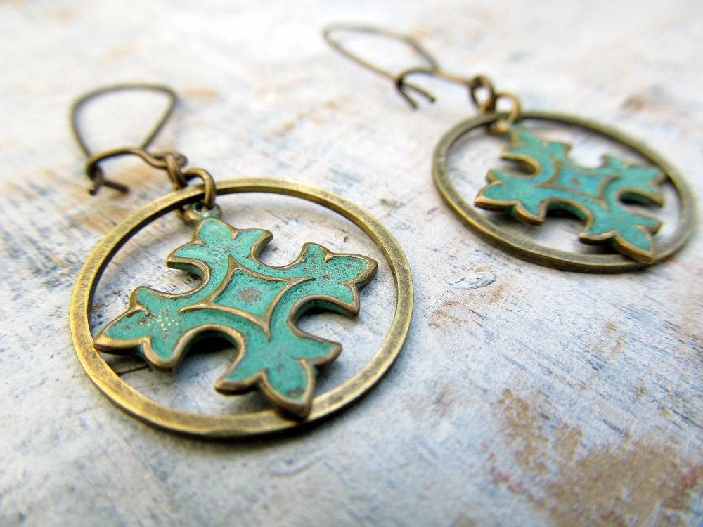 green Bohemian earrings Patina Coptic Cross earrings ethnic Bohemian jewelry