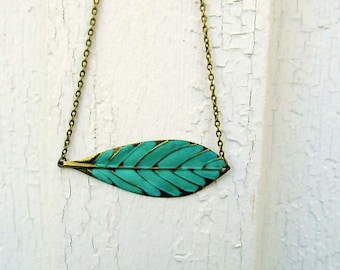 boho Leaf necklace turquoise mint Bohemian jewelry metal Feather