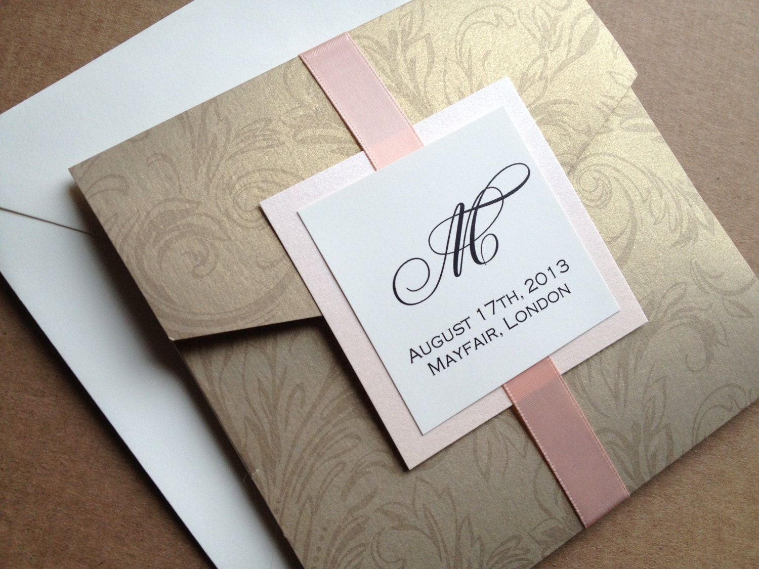 Gold Damask Pocket Wedding Invitation - Square, Floral, Elegant and Traditional Wedding Invitation