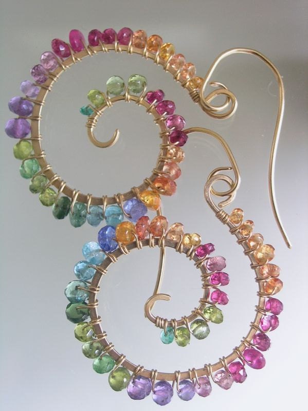 Summer Date...Pastel Rainbow Gemstone Rimmed Signature Original Gold Filled Spiral Nautilus Earrings...smallish
