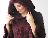 Burgundy Cable Knit Capalet with Hood by Afra