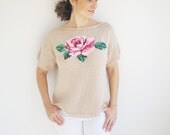 Cotton Powder Pink Hand Knitted Sweater with Roses Pattern Plus Size Over Size by Afra