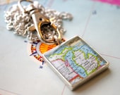 Square Map Pendant Custom Order Option:  You Name Your City or Hometown, In Silver Pewter, Gold or Copper, Large Square
